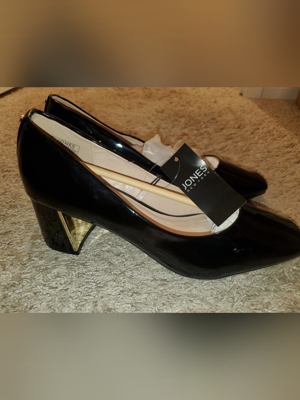 Jones New York Black Patent Pumps with Gold Heel